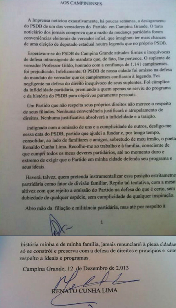 Renato Cunha Lima deixa PSDB