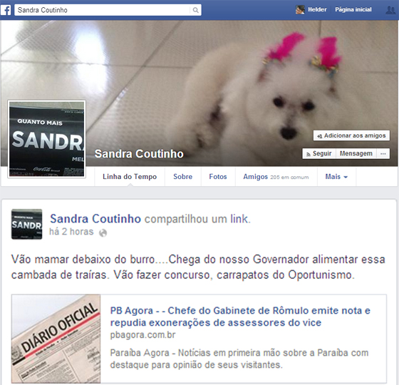 Sandra Coutinho no face conra RG