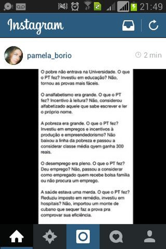 Pâmela volta a detonar PT no Instagram