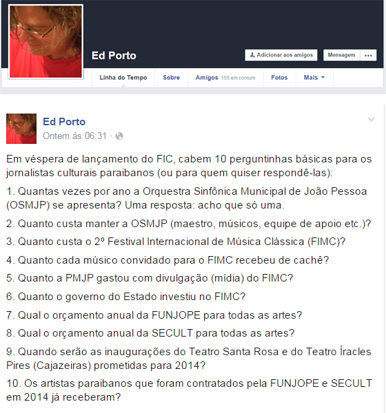 Ed Porto no Face política cultural