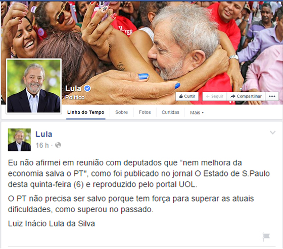 Lula nega no Face ter pedido pra salvar pt