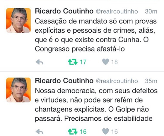Ricardo Coutinho posta contra impeachment