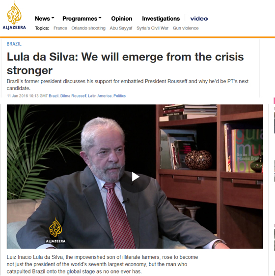 Lula entrevista a Al Jazeera 11jun2016