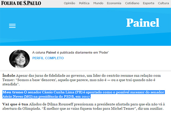 Folha Cássio cotado pra assumir PSDB 18jul2016