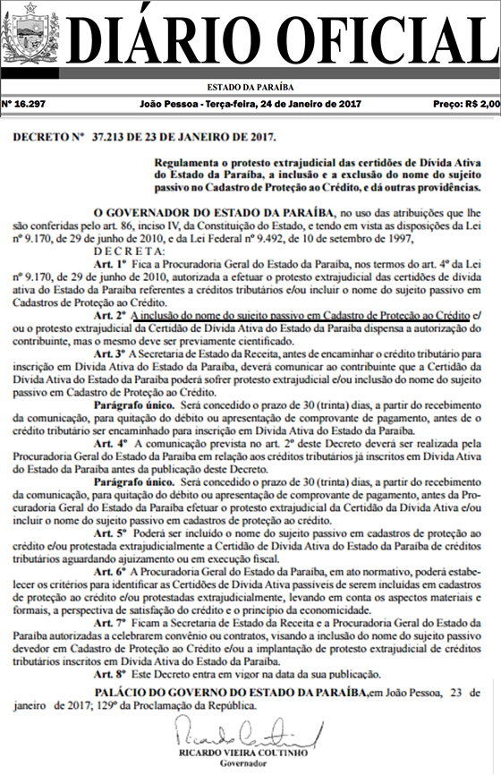 Decreto de RC manda contribuintes para o SPC jan2017