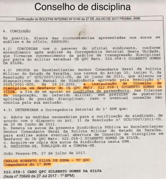 Cabo Gilberto processo para expulsão ago2017