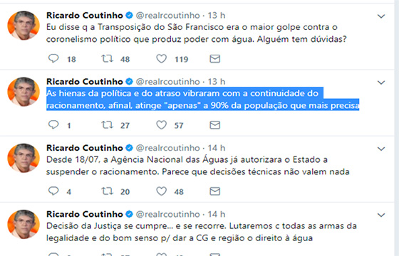 Pendenga do racionamento RC posta no twitter 21ago2017