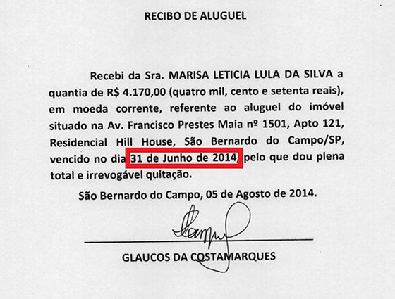 Recibo de aluguel de apartamento de lula