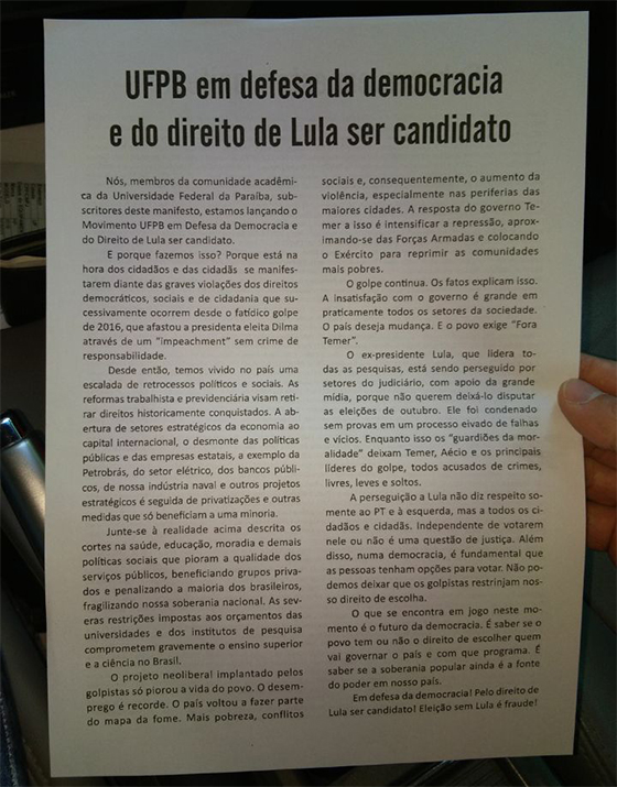 Manifesto em favor de Lula na UFPB